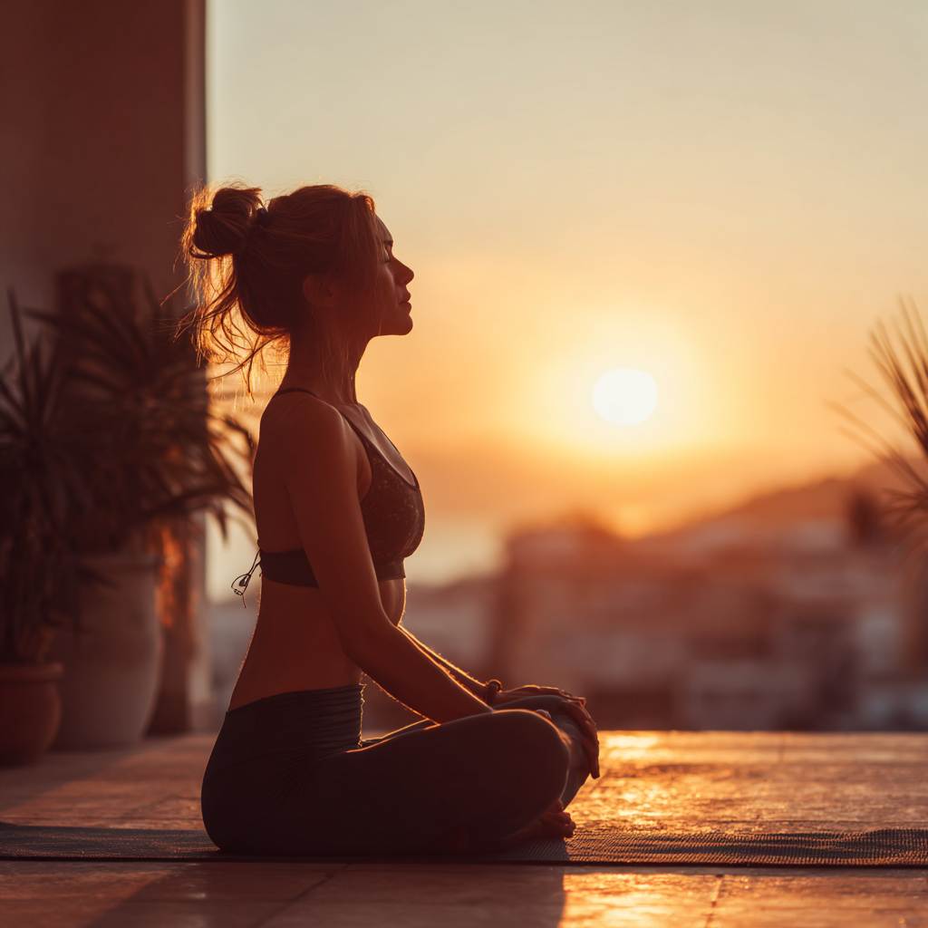 Інструктор йоги демонструє позу на заході сонця